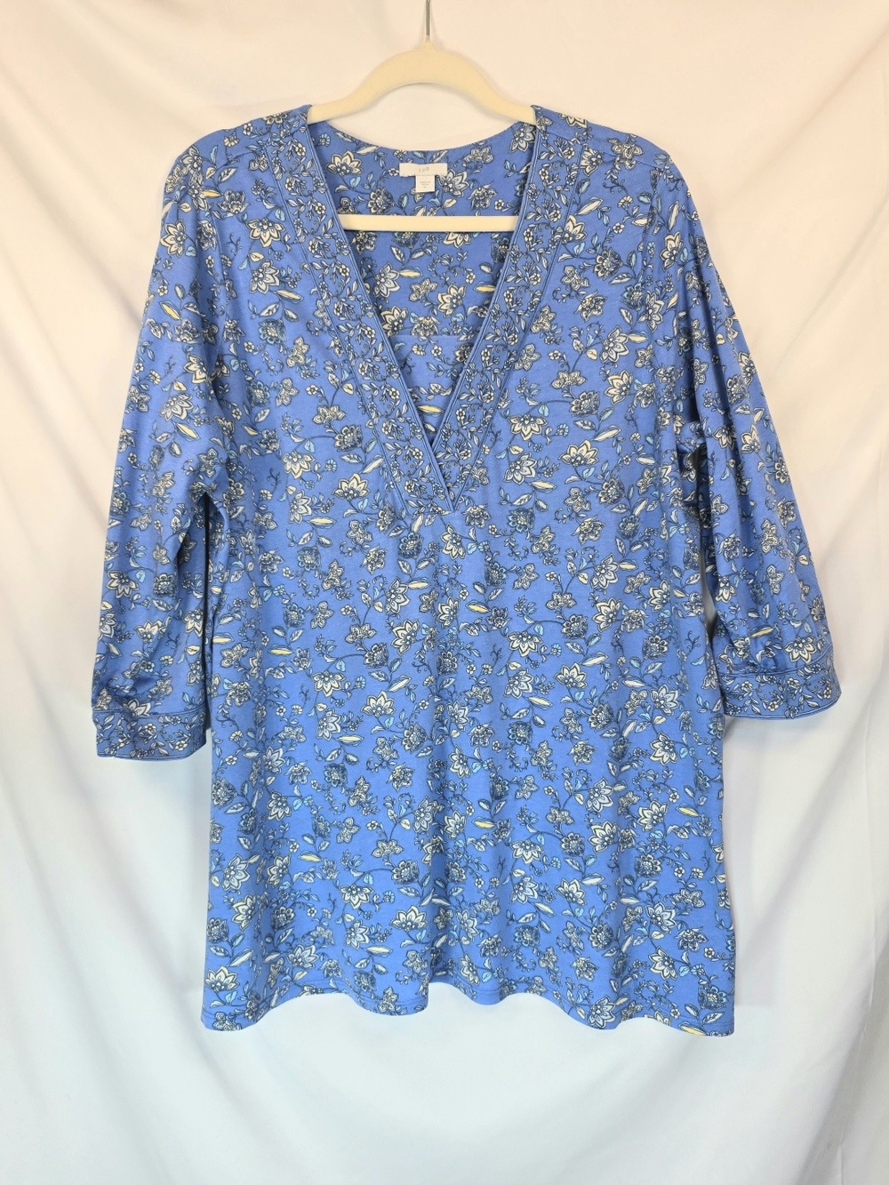 J. Jill Women's Blue Botanical Top Sz XL Knit 3/4 Sleeve Cottagecore Boho Chic